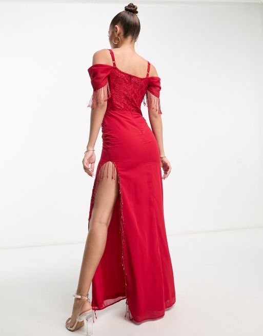 Starlet bardot maxi dress with thigh split in red floral lace with