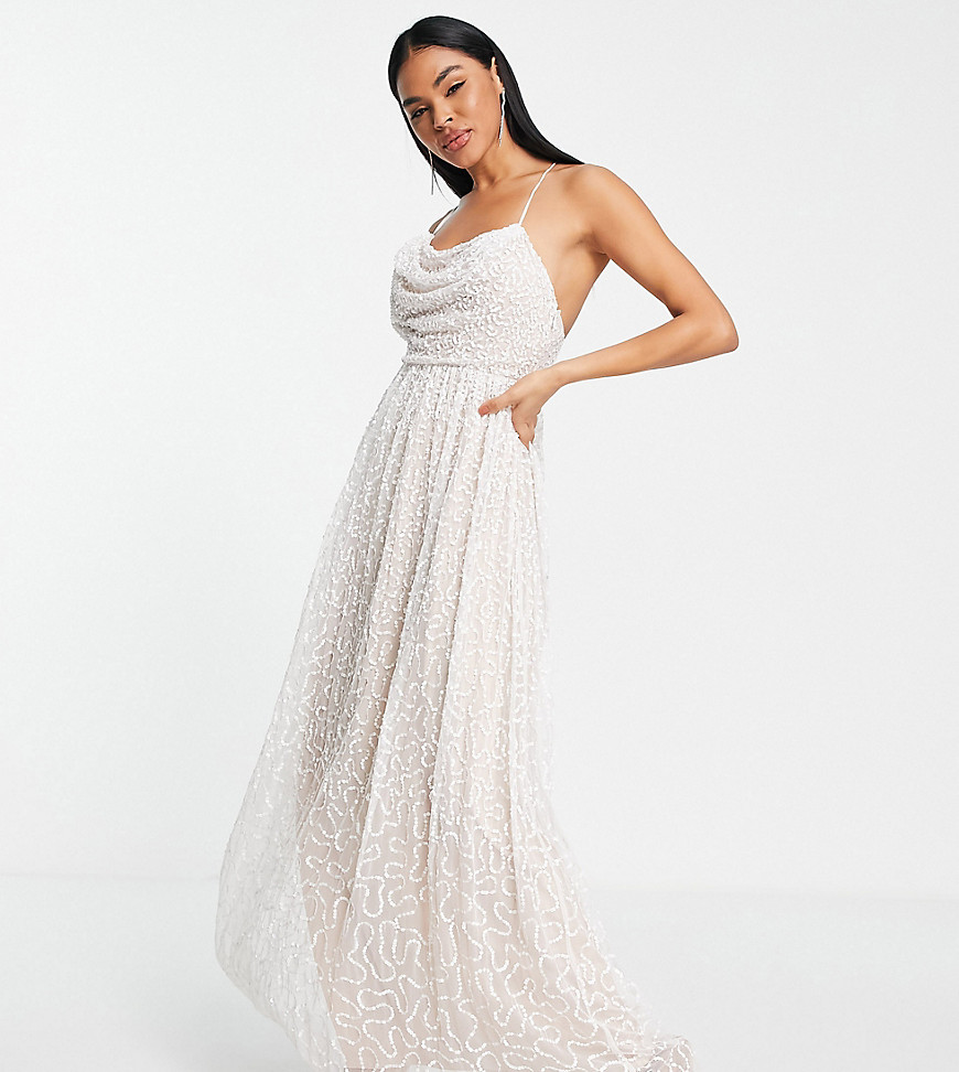 Bridal backless cowl neck embellished maxi dress in ivory-White