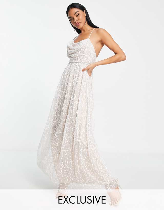 Starlet Bridal backless cowl neck embellished maxi dress in ivory