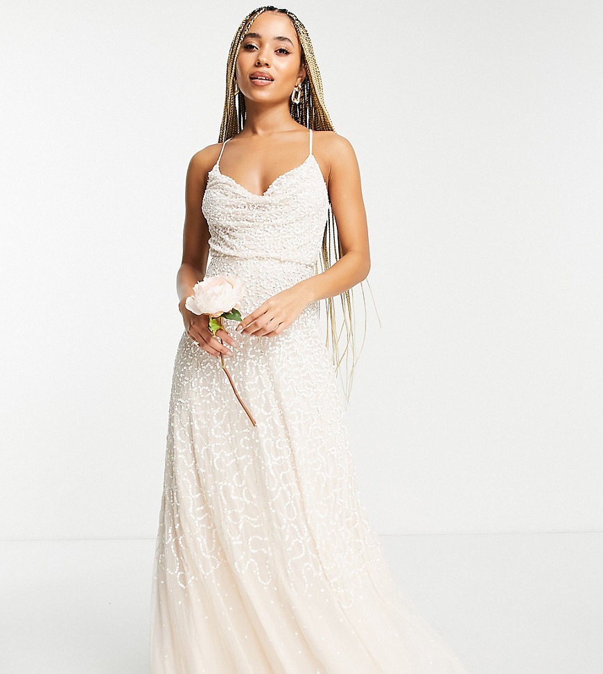 Starlet Bridal cowl neck embellished midaxi dress in scattered pearly sequin-White
