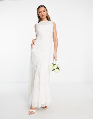 Starlet Starlet Bridal exclusive cap sleeve fringe maxi dress in ivory-White