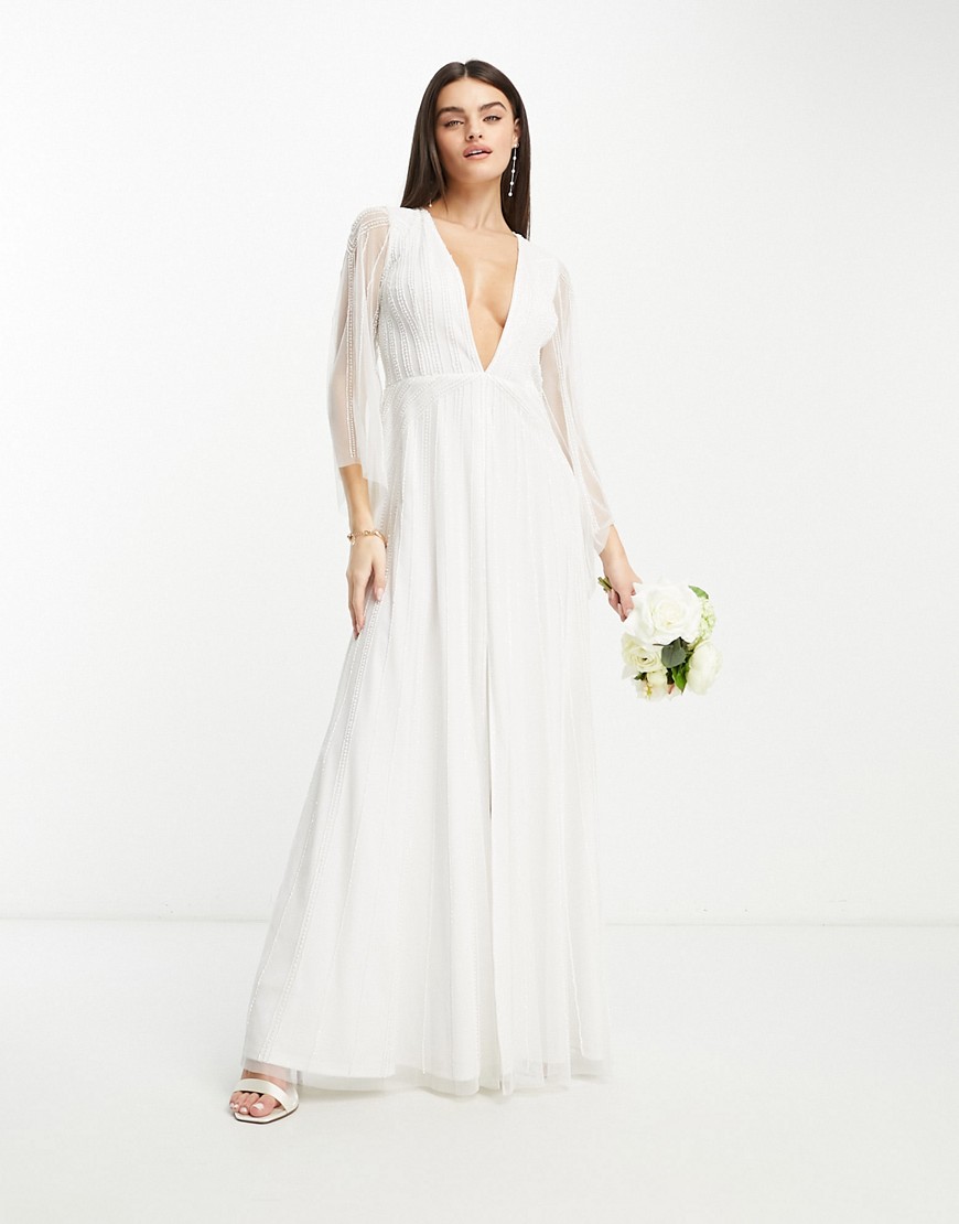 Starlet Bridal exclusive sheer sleeve embellished maxi dress in ivory-White