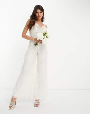 Starlet - Bridal - Exklusiver Jumpsuit mit Verzierung und Wasserfallkragen-Weiß