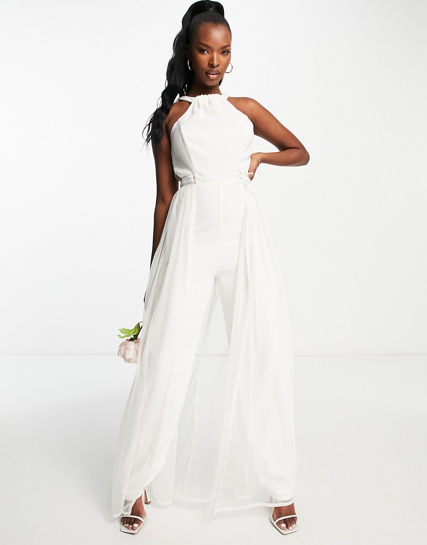 Bridal halter neck jumpsuit with detachable tulle overlay in ivory-White