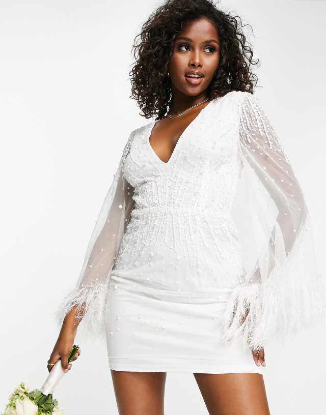 Starlet - bridal plunge mini dress with faux feather kimono sleeve in ivory sequin