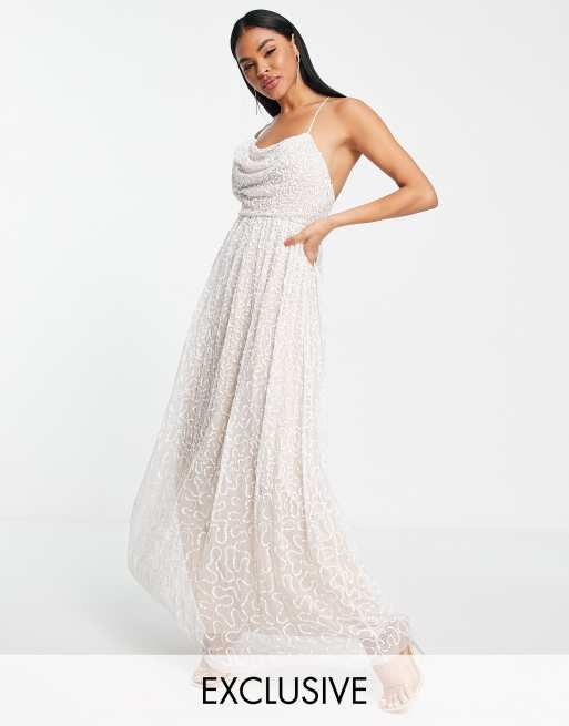 Starlet - Bridal - Vestito lungo decorato color avorio con schiena scoperta e scollo ad anello
