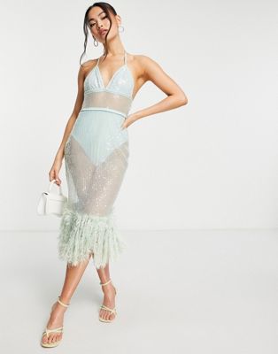 Starlet exclusive faux feather sheer embellished midi dress in mint
