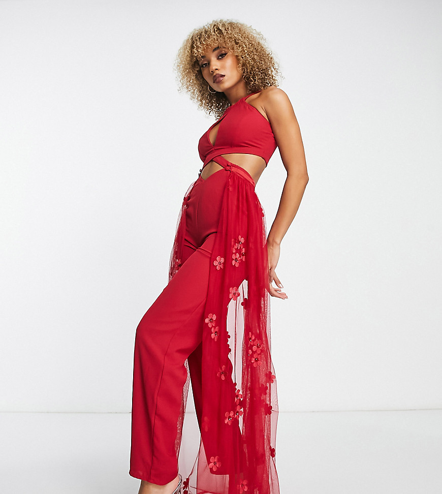 Starlet cut-out embroidered jumpsuit with detachable overlay in red