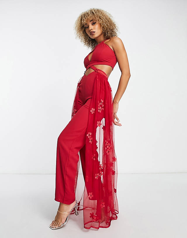 Starlet - cut-out embroidered jumpsuit with detachable overlay in red