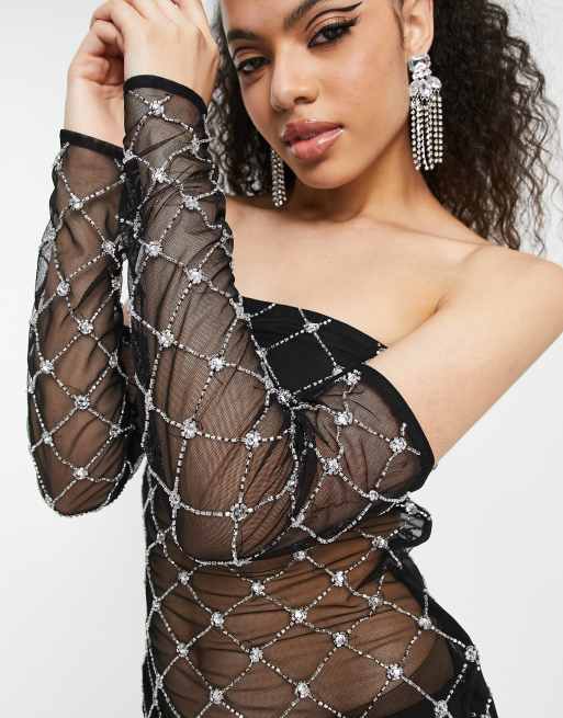 Diamanté Fishnet Off Shoulder Midi Dress