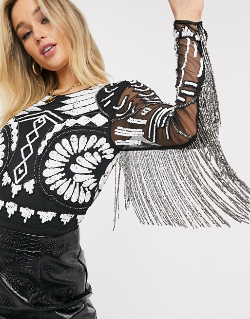 Starlet embellished body with fringe detail in mono