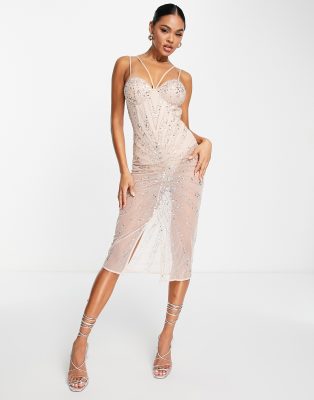 embellished contrast sheer midi dress in silver