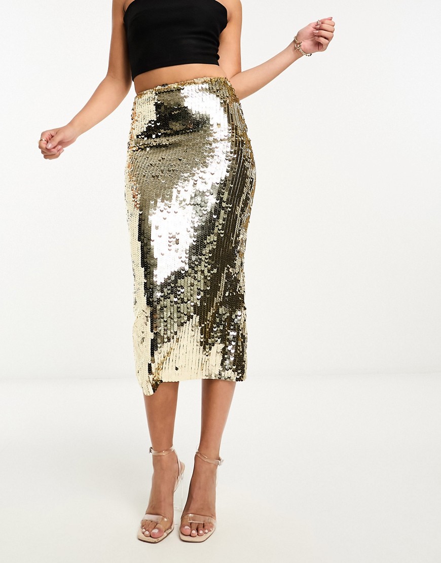 Starlet embellished midaxi skirt in gold liquid sequin