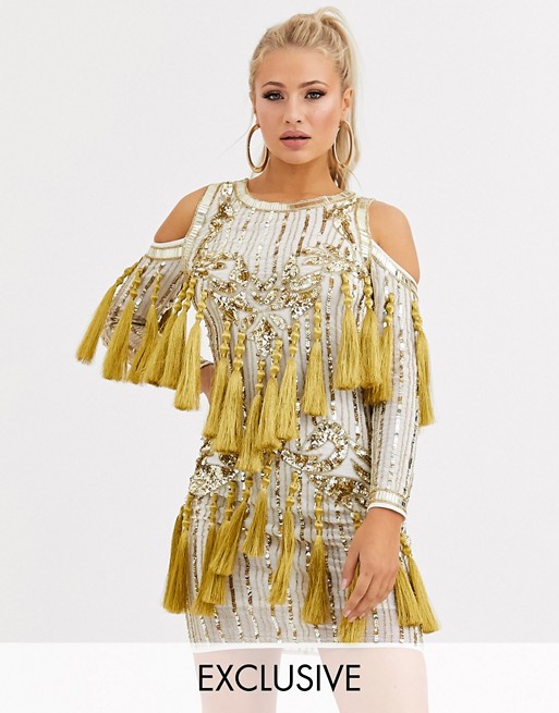 Starlet embellished mini dress with tassle detail in white