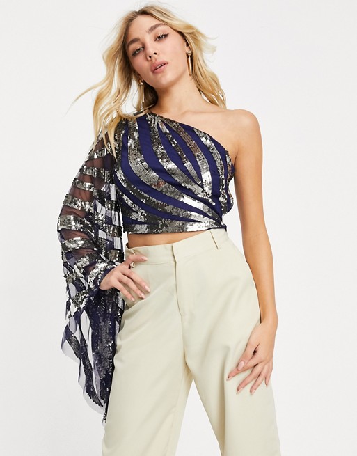 Starlet embellished one shoulder crop top with drape in navy and silver