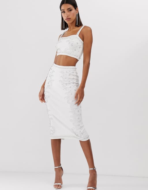 Starlet embellished pencil skirt in white and silver | ASOS