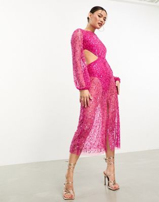 embellished sequin midaxi dress in fuchsia pink