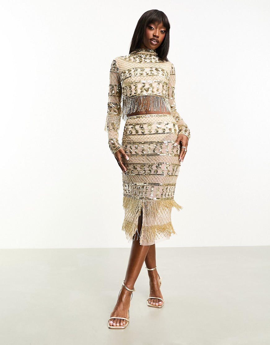 Starlet embellished sequin midi skirt co-ord with fringe detail in gold