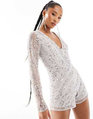 Starlet embellished sequin playsuit in swirl placement in silver and white - ASOS Price Checker