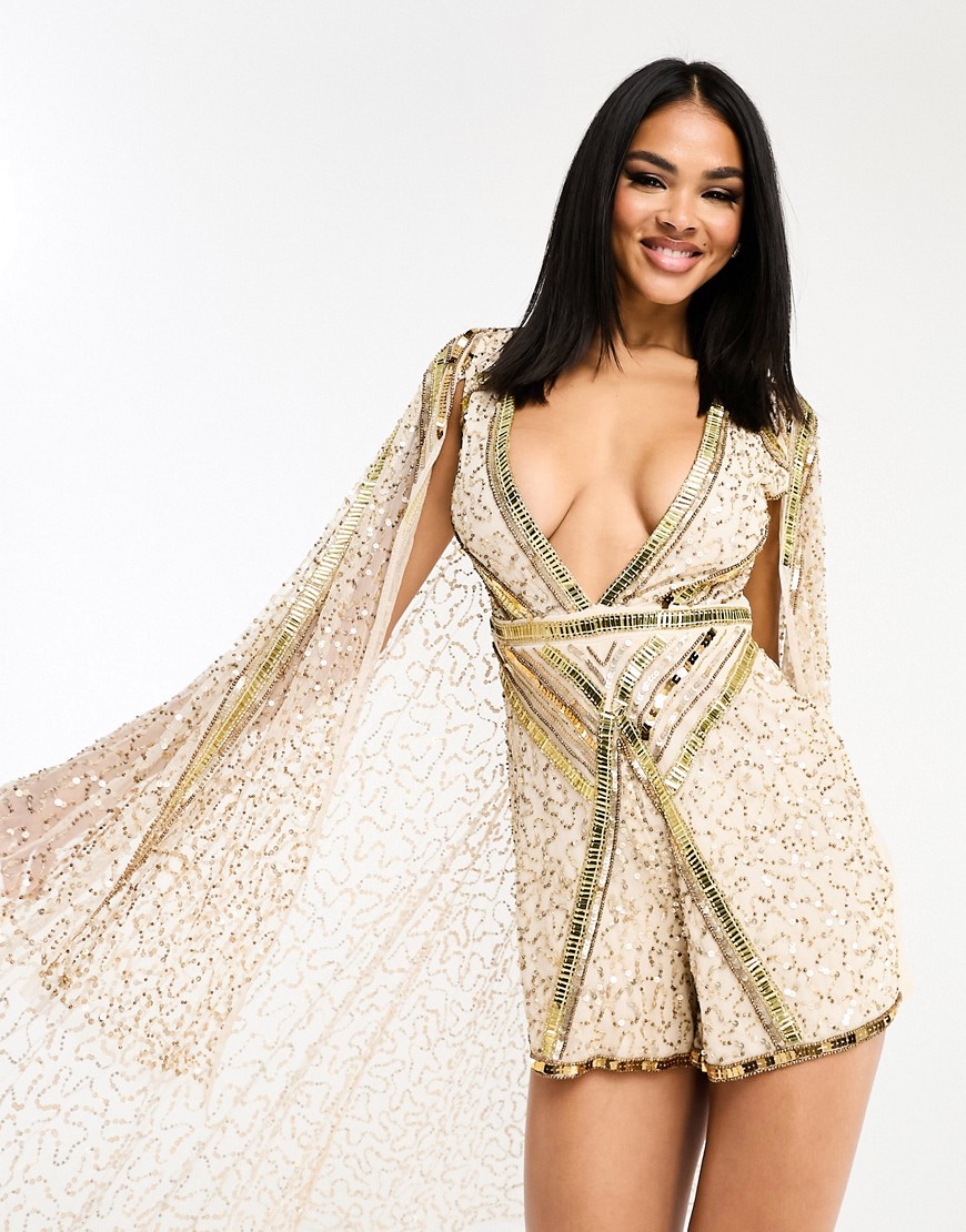Starlet embellished sequin playsuit with cape in gold