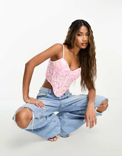 Collective the Label exclusive sequin heart crop top in pink (part