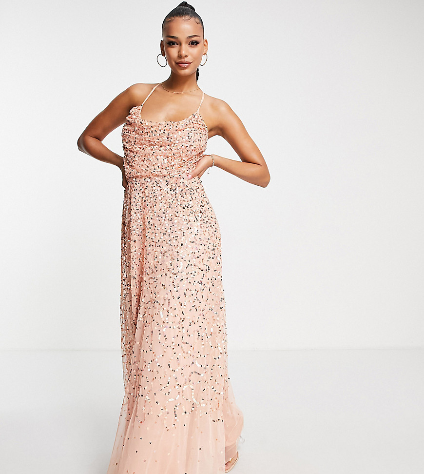 Starlet exclusive cowl neck sequin maxi dress in peach-Pink