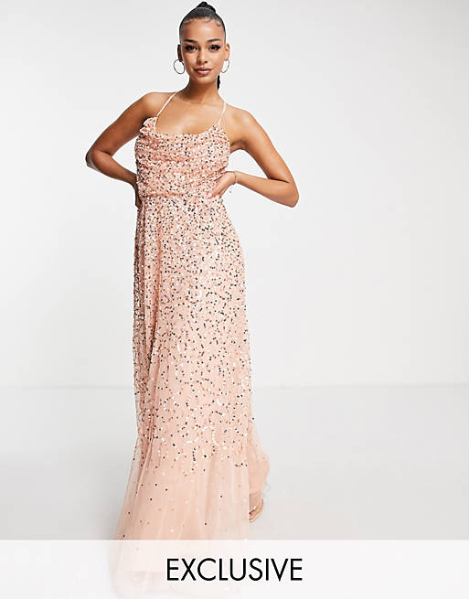 Starlet exclusive cowl neck sequin maxi dress in peach