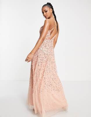 Starlet exclusive cowl neck sequin maxi dress in peach | ASOS