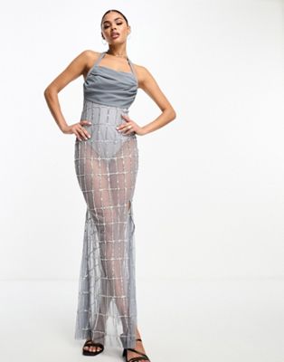 exclusive drape cowl embellished maxi dress in pewter-Gray