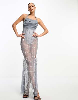 Starlet Exclusive Drape Cowl Embellished Maxi Dress In Pewter-gray