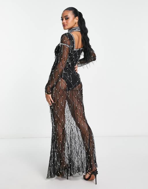 Valentina black sequin long sleeve maxi dress sale