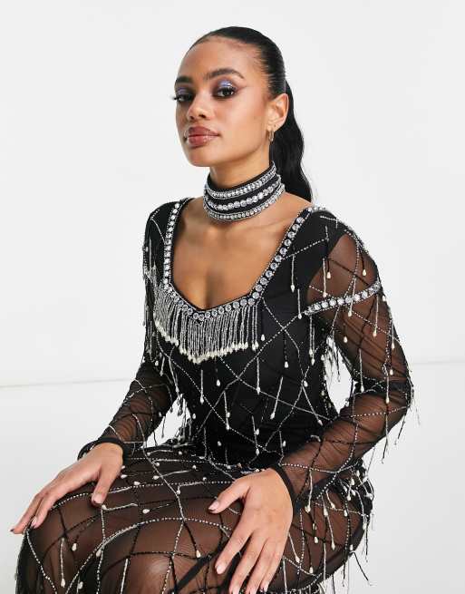 Starlet exclusive embellished crystal fringe lace maxi dress in black, 4 of 4
