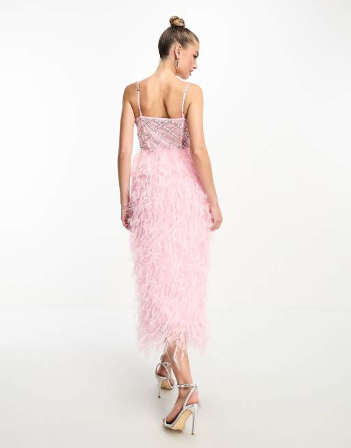 asos edition embellished showgirl midi dress with faux feathers ASOS EDITION crystal long sleeve embellished midi dress with faux feather  hem in ivory