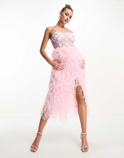Starlet exclusive embellished faux feather midi dress in pink | ASOS