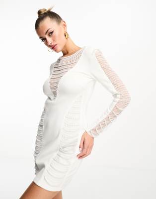 exclusive embellished long sleeve mini dress in white