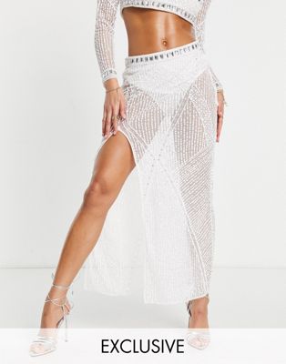 Starlet exclusive embellished thigh split midaxi skirt co-ord in white