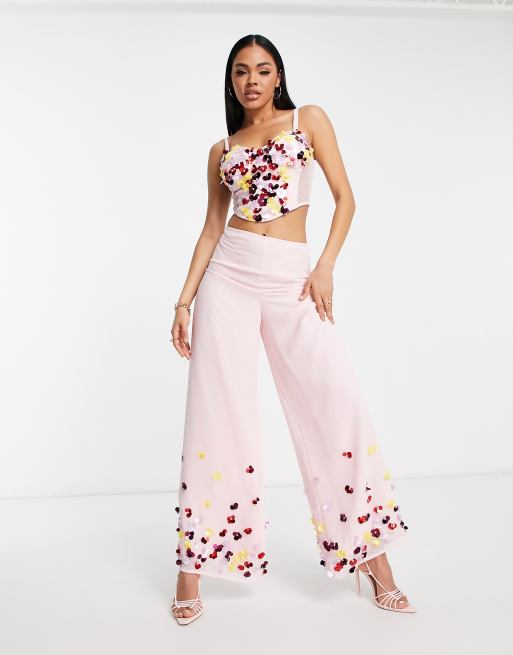 Starlet exclusive embellished wide leg trouser co-ord in vibrant floral 