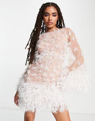 Starlet exclusive faux feather embellished mini dress in blush