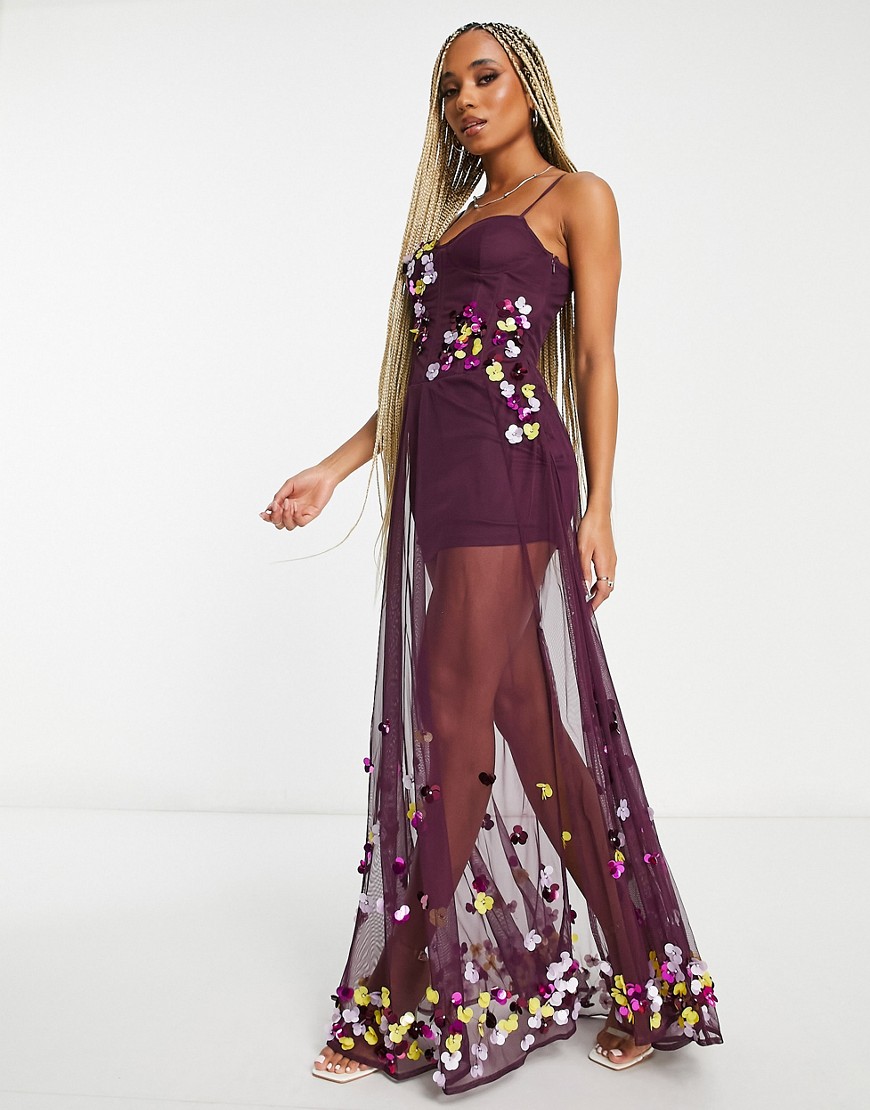 Starlet exclusive floral embellished corset maxi dress in plum-White