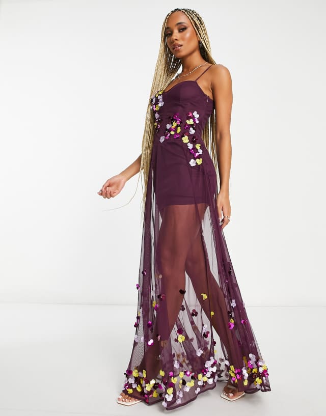 Starlet exclusive floral embellished corset maxi dress in plum