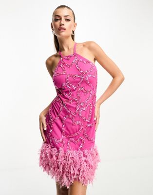 exclusive heart embellished faux feather mini dress in pink