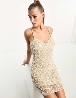 Starlet Exclusive Pearl Embellished Mini Dress In Champagne-white