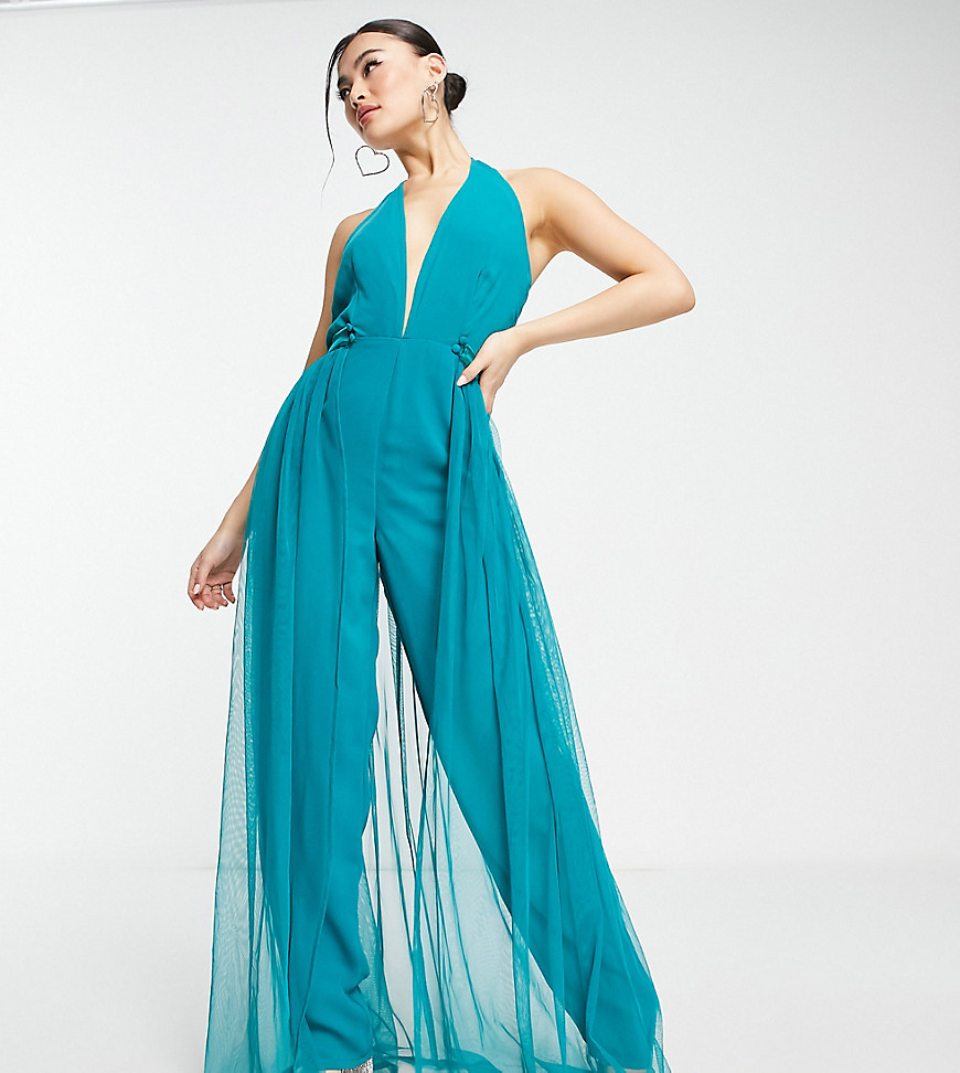 Starlet exclusive plunge jumpsuit with tulle overlay in emerald green