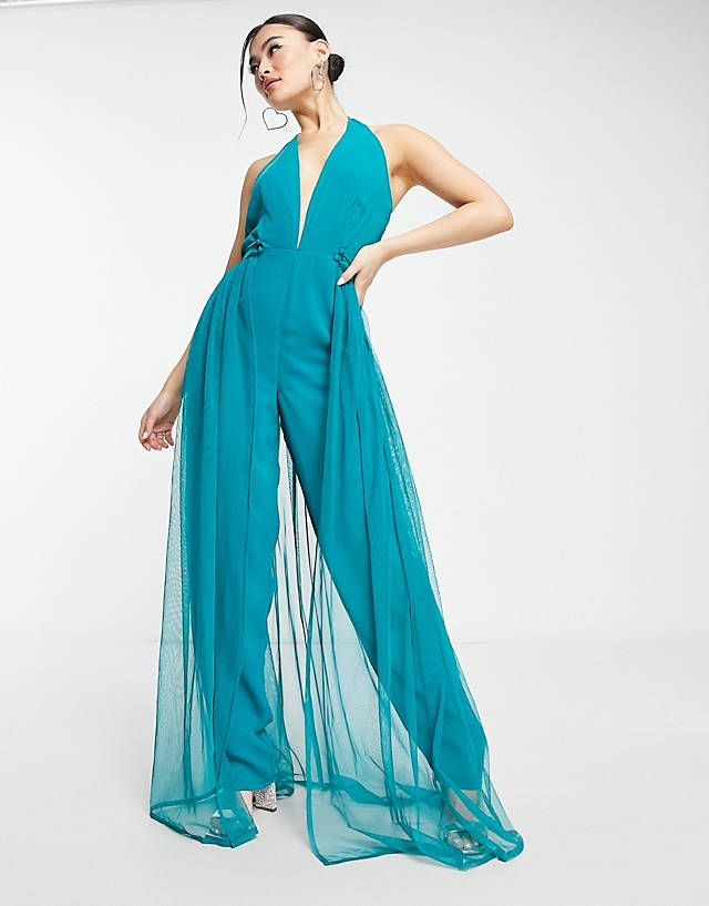 Starlet - exclusive plunge jumpsuit with tulle overlay in emerald green