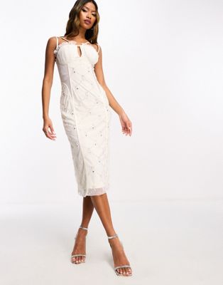 Starlet exclusive ruched cup embellished midi dress in ivory