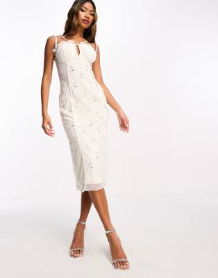 Starlet exclusive ruched cup embellished midi dress in ivory-White