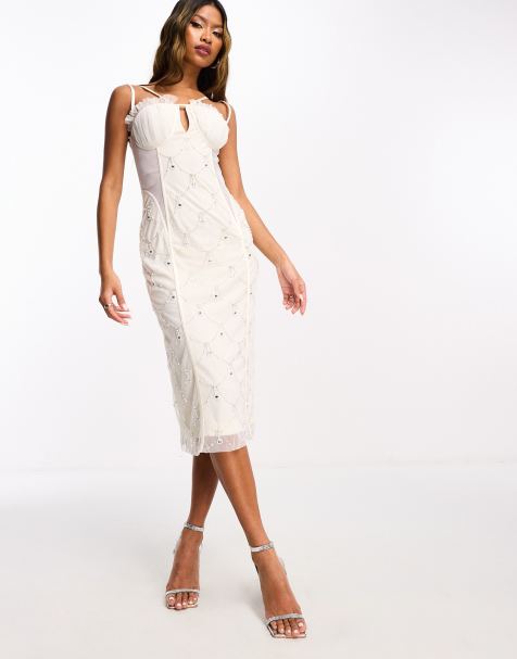 Pretty Lavish halterneck linen blend midaxi dress in white