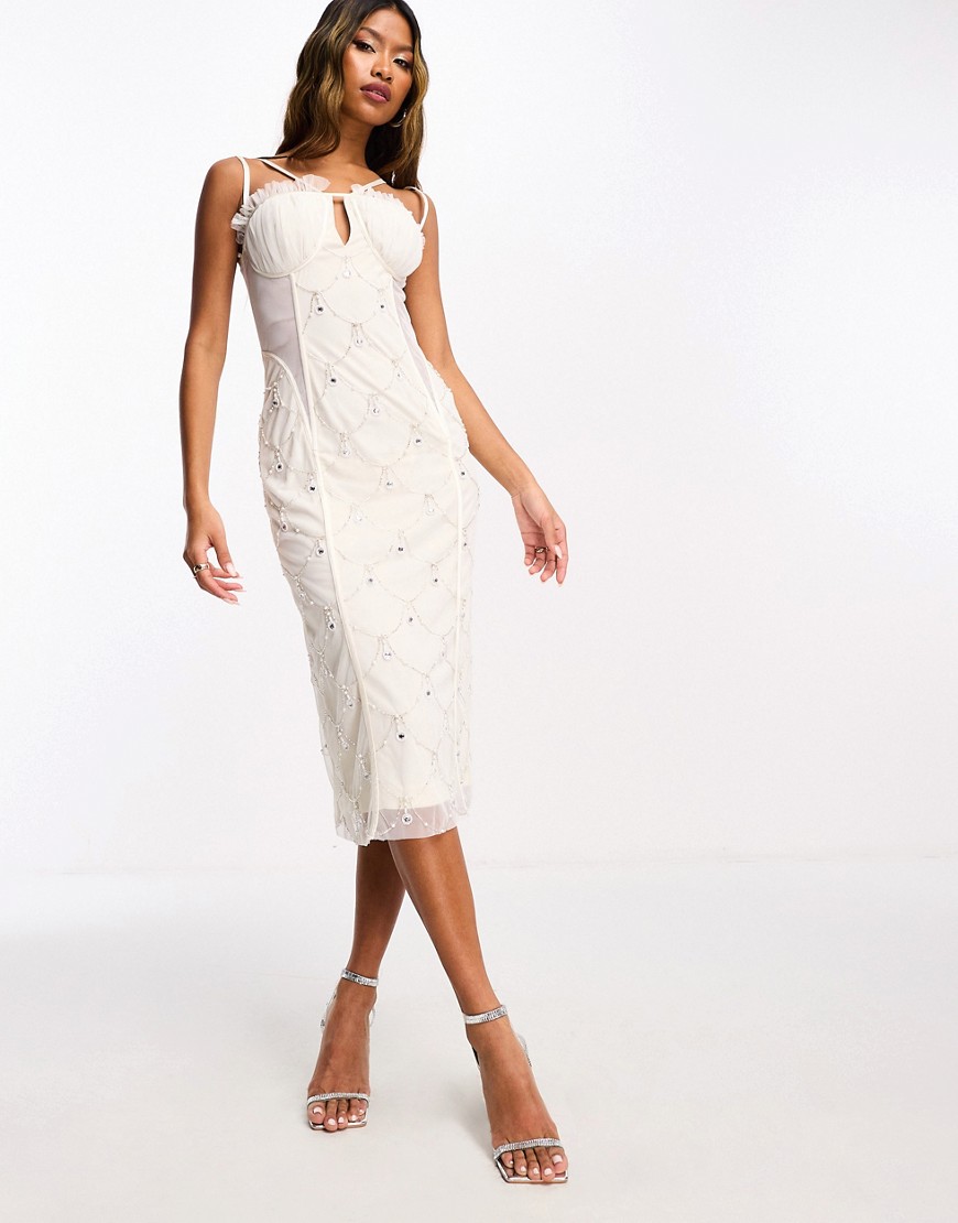 exclusive ruched cup embellished midi dress in ivory-White
