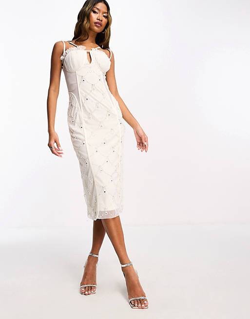 Starlet exclusive ruched cup embellished midi dress in ivory | ASOS