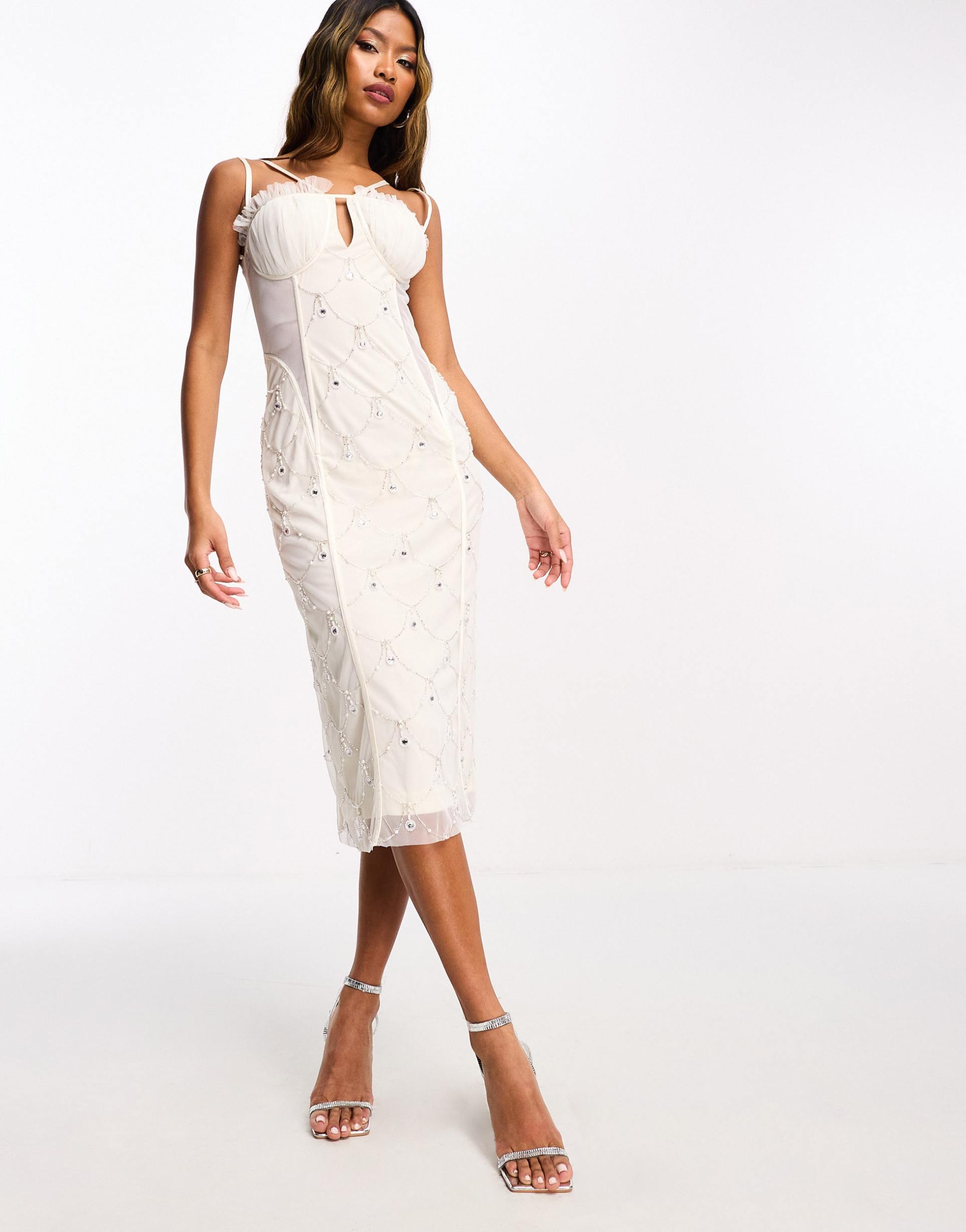 starlet exclusive ruched cup embellished midi dress in ivory